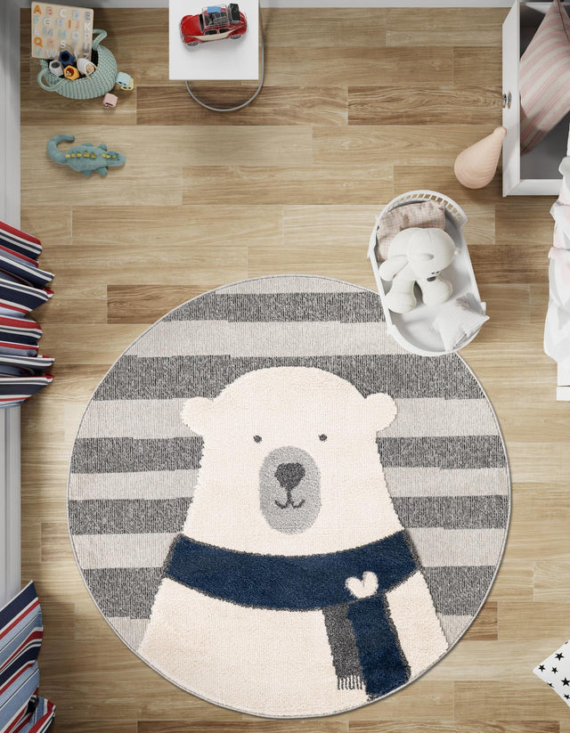 Gray 3' 1 x 3' 1 Whimsy Kids Round Area Rug for Baby Nursery, Toddler Playroom, Bedrooms Playful Fun Design Easy Clean Carpet for Sale at Rug Engine