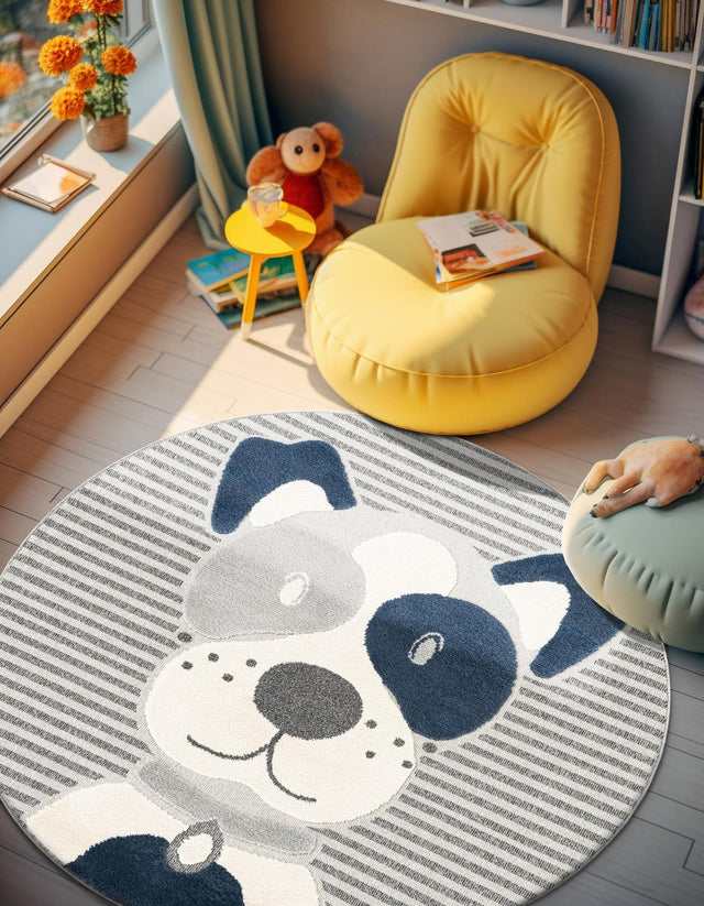 Blue and Gray 5' 1 x 5' 1 Whimsy Kids Round Area Rug for Baby Nursery, Toddler Playroom, Bedrooms Playful Fun Design Easy Clean Carpet for Sale at Rug Engine
