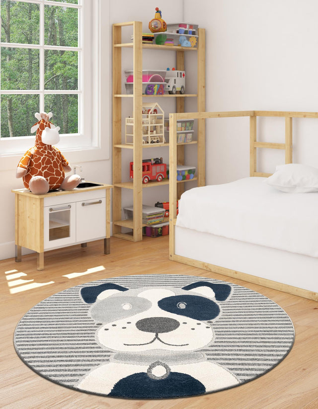 Blue and Gray 3' 1 x 3' 1 Whimsy Kids Round Area Rug for Baby Nursery, Toddler Playroom, Bedrooms Playful Fun Design Easy Clean Carpet for Sale at Rug Engine