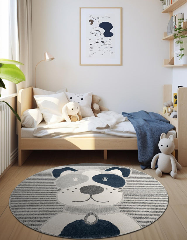 Blue and Gray 5' 1 x 5' 1 Whimsy Kids Round Area Rug for Baby Nursery, Toddler Playroom, Bedrooms Playful Fun Design Easy Clean Carpet for Sale at Rug Engine
