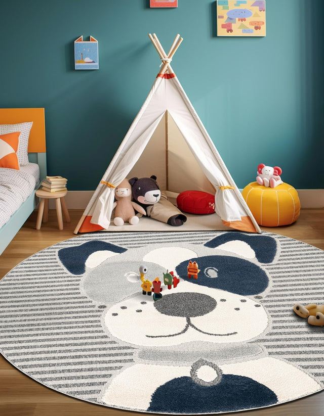 Blue and Gray 5' 1 x 5' 1 Whimsy Kids Round Area Rug for Baby Nursery, Toddler Playroom, Bedrooms Playful Fun Design Easy Clean Carpet for Sale at Rug Engine