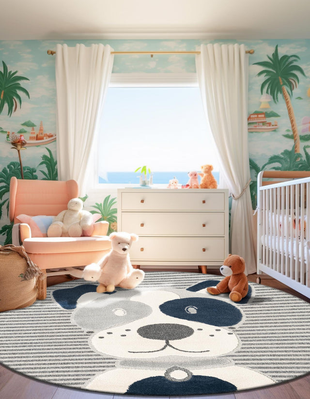 Blue and Gray 3' 1 x 3' 1 Whimsy Kids Round Area Rug for Baby Nursery, Toddler Playroom, Bedrooms Playful Fun Design Easy Clean Carpet for Sale at Rug Engine