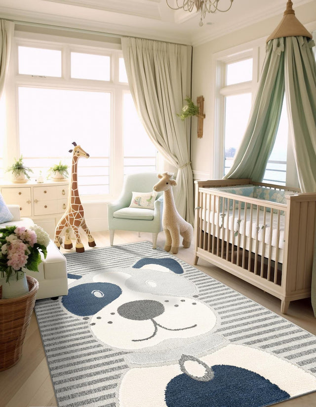 Blue and Gray 9' x 12' Whimsy Kids Rectangle Area Rug for Baby Nursery, Toddler Playroom, Bedrooms