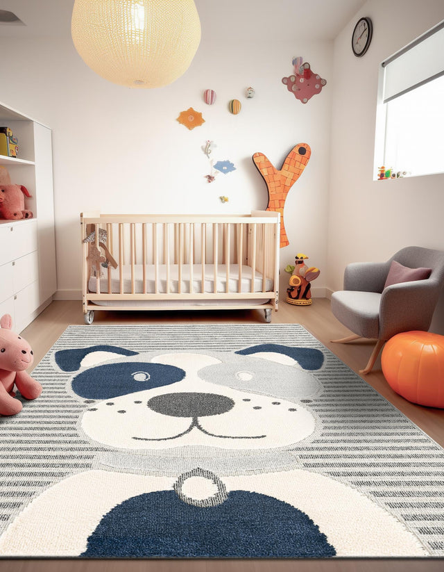 Blue and Gray 4' 1 x 6' 1 Whimsy Kids Rectangle Area Rug for Baby Nursery, Toddler Playroom, Bedrooms Playful Fun Design Easy Clean Carpet for Sale at Rug Engine