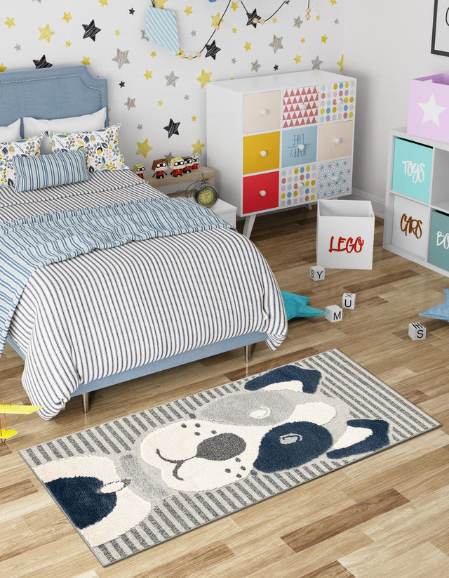 Blue and Gray 2' 7 x 8' Whimsy Kids Runner Area Rug for Baby Nursery, Toddler Playroom, Bedrooms Playful Fun Design Easy Clean Carpet for Sale at Rug Engine