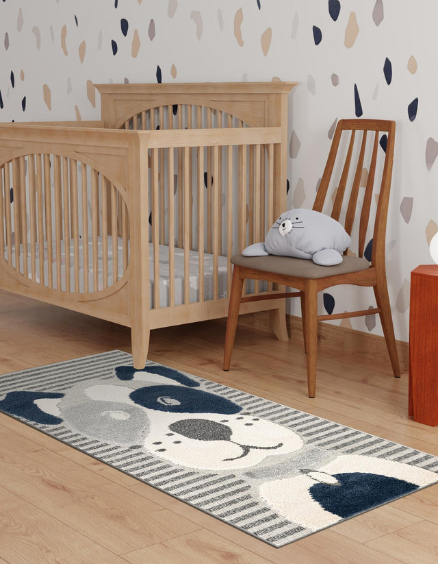 Blue and Gray 2' 7 x 8' Whimsy Kids Runner Area Rug for Baby Nursery, Toddler Playroom, Bedrooms Playful Fun Design Easy Clean Carpet for Sale at Rug Engine