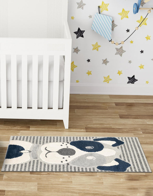 Blue and Gray 2' 7 x 6' 1 Whimsy Kids Runner Area Rug for Baby Nursery, Toddler Playroom, Bedrooms