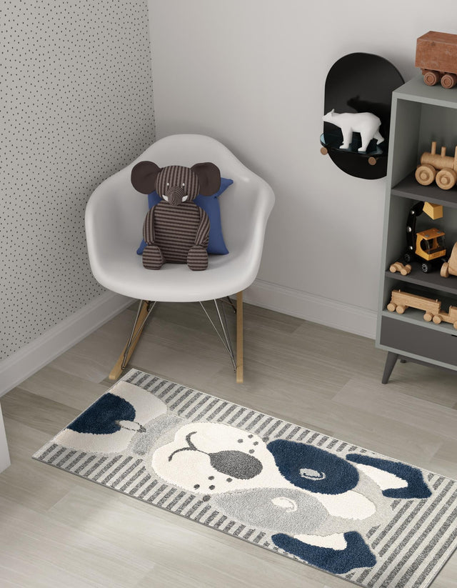 Blue and Gray 2' 7 x 8' Whimsy Kids Runner Area Rug for Baby Nursery, Toddler Playroom, Bedrooms Playful Fun Design Easy Clean Carpet for Sale at Rug Engine