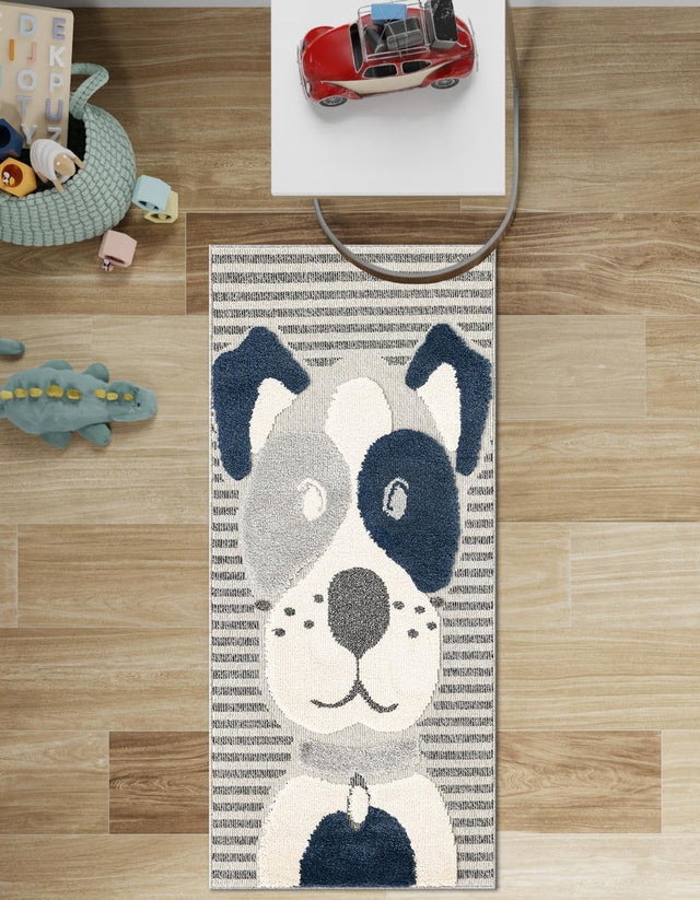 Blue and Gray 2' 7 x 8' Whimsy Kids Runner Area Rug for Baby Nursery, Toddler Playroom, Bedrooms Playful Fun Design Easy Clean Carpet for Sale at Rug Engine