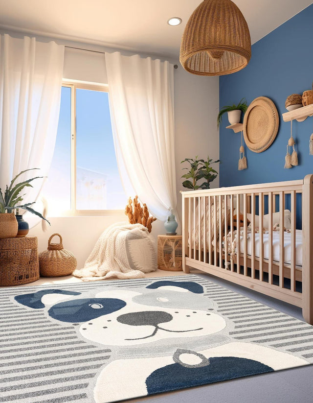 Blue and Gray 7' 10 x 7' 10 Whimsy Kids Square Area Rug for Baby Nursery, Toddler Playroom, Bedrooms Playful Fun Design Easy Clean Carpet for Sale at Rug Engine