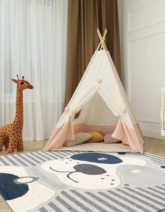 Blue and Gray 7' 10 x 7' 10 Whimsy Kids Square Area Rug for Baby Nursery, Toddler Playroom, Bedrooms Playful Fun Design Easy Clean Carpet for Sale at Rug Engine