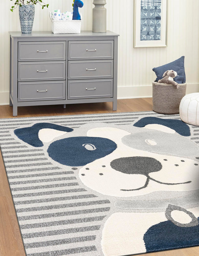 Blue and Gray 7' 10 x 7' 10 Whimsy Kids Square Area Rug for Baby Nursery, Toddler Playroom, Bedrooms Playful Fun Design Easy Clean Carpet for Sale at Rug Engine