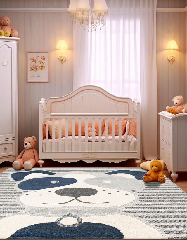 Blue and Gray 7' 10 x 7' 10 Whimsy Kids Square Area Rug for Baby Nursery, Toddler Playroom, Bedrooms Playful Fun Design Easy Clean Carpet for Sale at Rug Engine