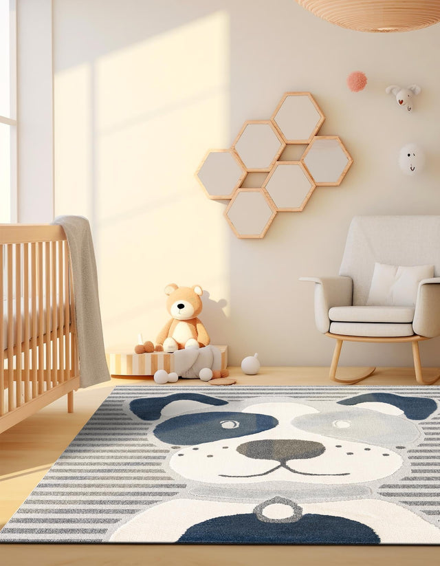 Blue and Gray 7' 10 x 7' 10 Whimsy Kids Square Area Rug for Baby Nursery, Toddler Playroom, Bedrooms Playful Fun Design Easy Clean Carpet for Sale at Rug Engine