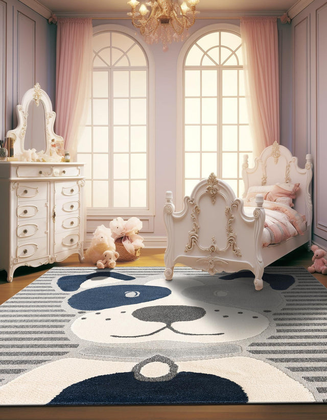 Blue and Gray 7' 10 x 7' 10 Whimsy Kids Square Area Rug for Baby Nursery, Toddler Playroom, Bedrooms Playful Fun Design Easy Clean Carpet for Sale at Rug Engine