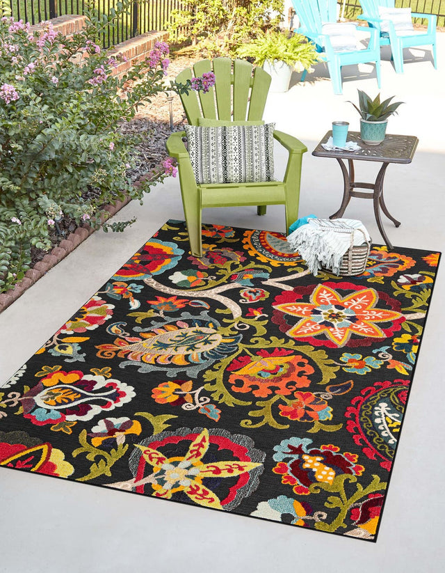 Multicolor Black 5' 1 x 7' 1 Outdoor Casablanca Rectangle Area Rug Weather Resistant for Patio, Deck, Terrace, Balcony, Porch Polypropylene Vivid Colorful Modern Carpet for Sale at Rug Engine