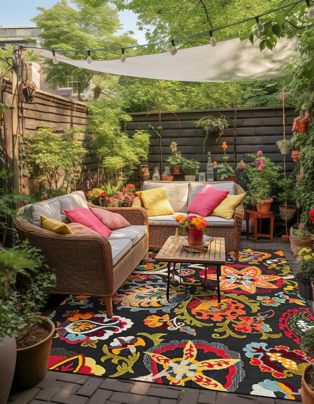 Multicolor Black 6' 1 x 9' Outdoor Casablanca Rectangle Area Rug Weather Resistant for Patio, Deck, Terrace, Balcony, Porch Polypropylene Vivid Colorful Modern Carpet for Sale at Rug Engine