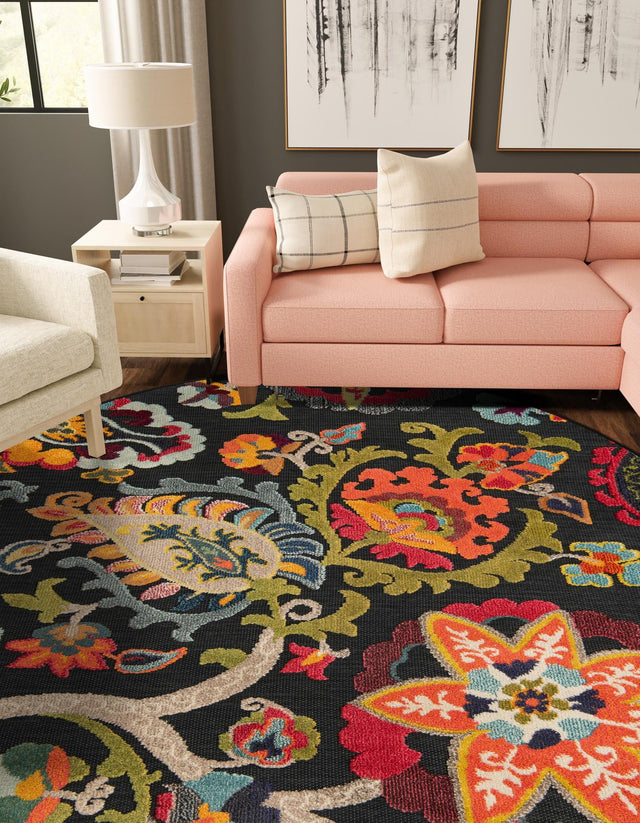 Multicolor Black 3' 1 x 3' 1 Outdoor Casablanca Round Area Rug Weather Resistant for Patio, Deck, Terrace, Balcony, Porch