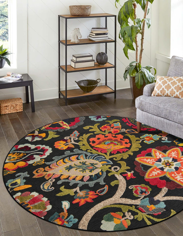 Multicolor Black 6' 1 x 6' 1 Outdoor Casablanca Round Area Rug Weather Resistant for Patio, Deck, Terrace, Balcony, Porch Polypropylene Vivid Colorful Modern Carpet for Sale at Rug Engine