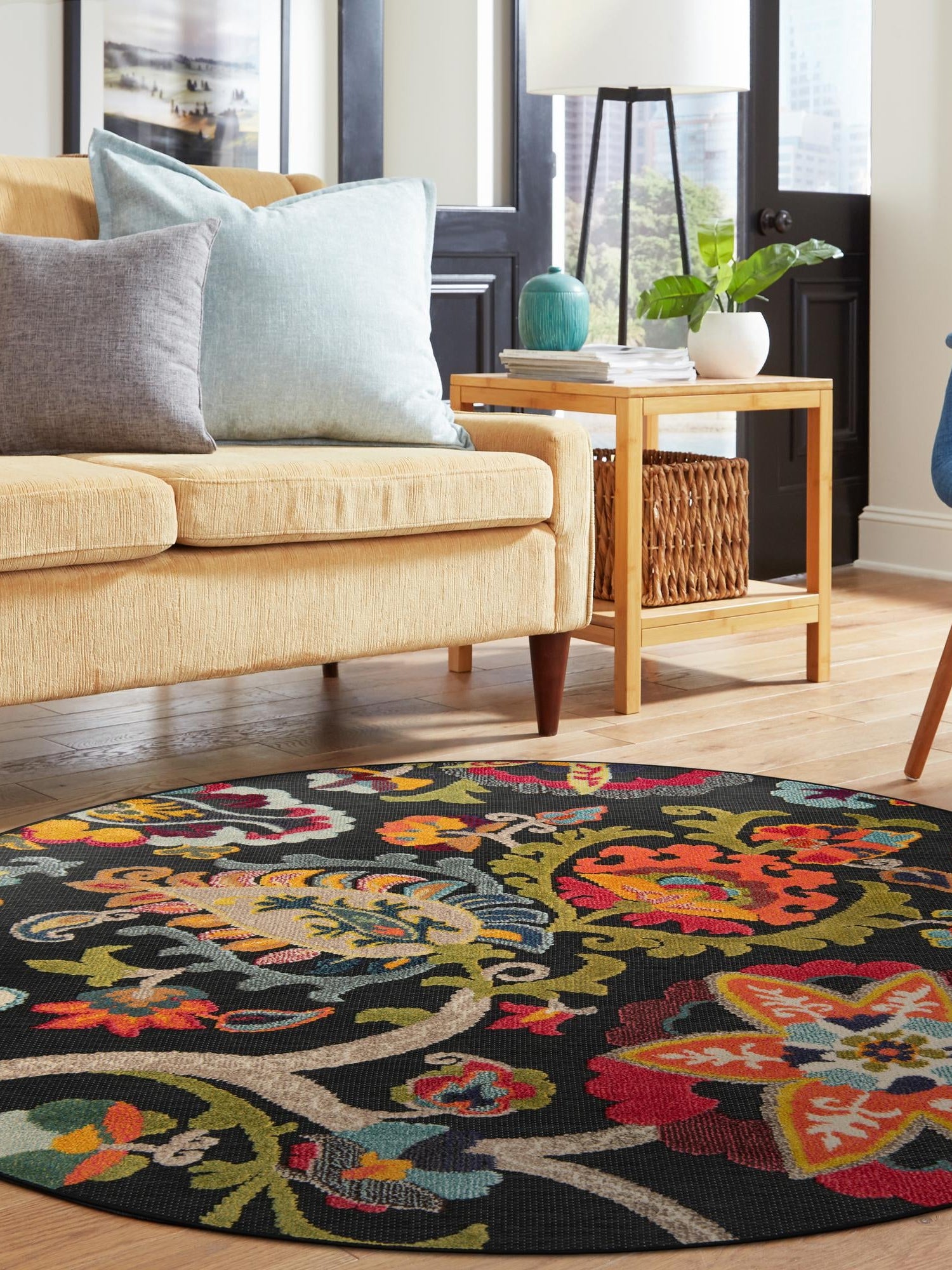 Multicolor Black 3' 1 x 3' 1 Outdoor Casablanca Round Area Rug Weather Resistant for Patio, Deck, Terrace, Balcony, Porch