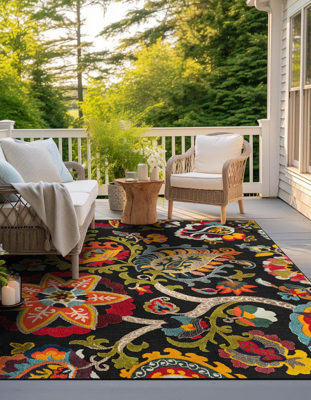 Multicolor Black 7' 10 x 7' 10 Outdoor Casablanca Square Area Rug Weather Resistant for Patio, Deck, Terrace, Balcony, Porch