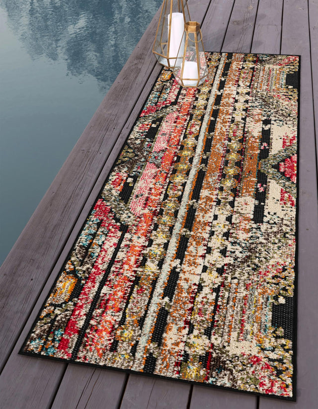 Multicolor Black 2' x 5' 1 Outdoor Casablanca Runner Area Rug Weather Resistant for Patio, Deck, Terrace, Balcony, Porch Polypropylene Vivid Colorful Modern Carpet for Sale at Rug Engine