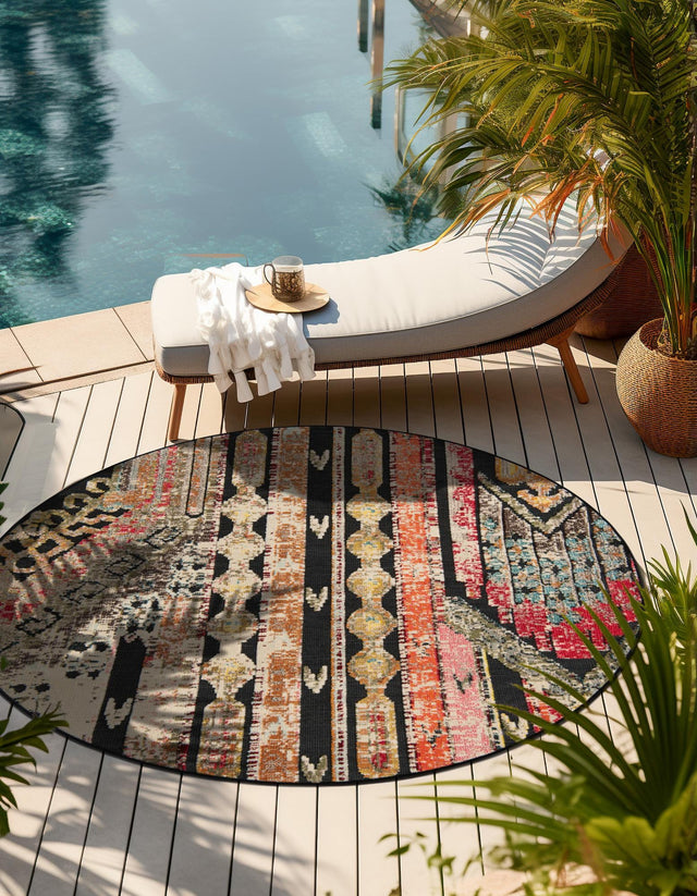 Multicolor Black 3' 1 x 3' 1 Outdoor Casablanca Round Area Rug Weather Resistant for Patio, Deck, Terrace, Balcony, Porch Polypropylene Vivid Colorful Modern Carpet for Sale at Rug Engine