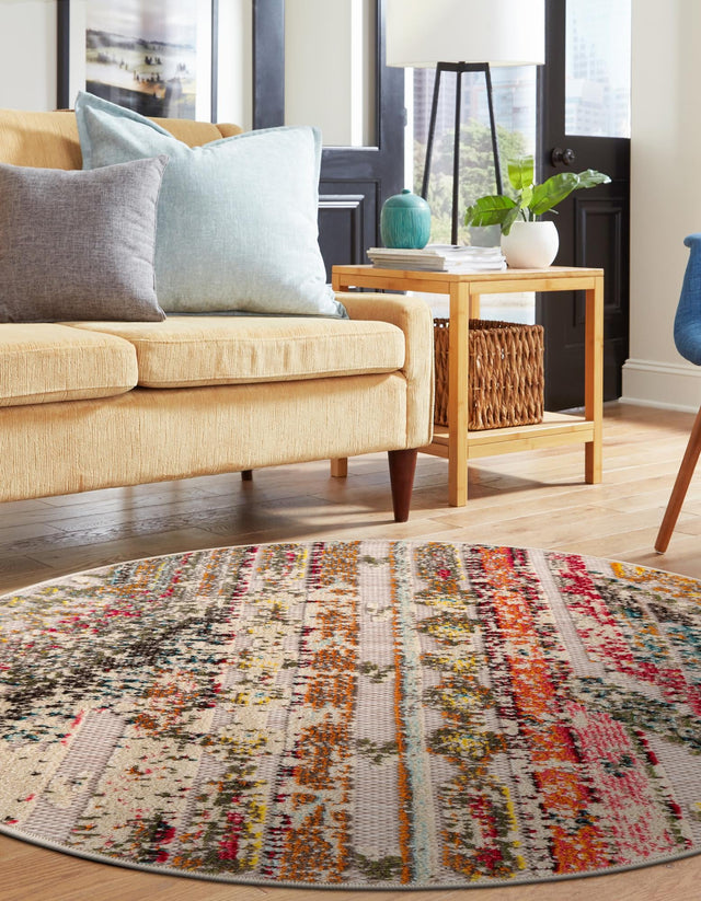 Multicolor Beige 6' 1 x 6' 1 Outdoor Casablanca Round Area Rug Weather Resistant for Patio, Deck, Terrace, Balcony, Porch Polypropylene Vivid Colorful Modern Carpet for Sale at Rug Engine