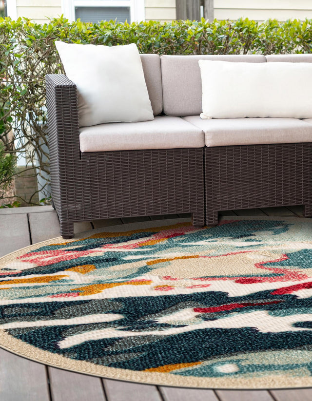 Multicolor 6' 1 x 6' 1 Outdoor Casablanca Round Area Rug Weather Resistant for Patio, Deck, Terrace, Balcony, Porch Polypropylene Vivid Colorful Modern Carpet for Sale at Rug Engine