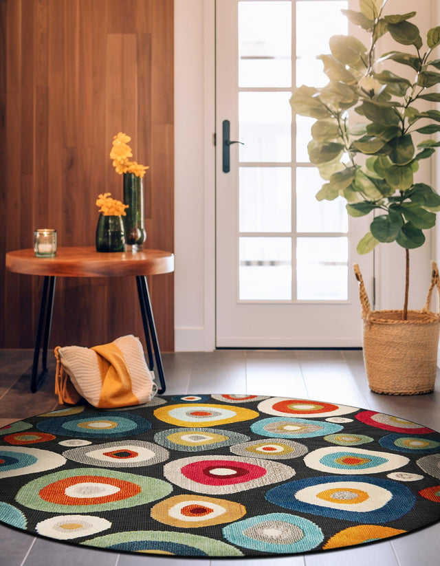 Multicolor Black 3' 1 x 3' 1 Outdoor Casablanca Round Area Rug Weather Resistant for Patio, Deck, Terrace, Balcony, Porch Polypropylene Vivid Colorful Modern Carpet for Sale at Rug Engine