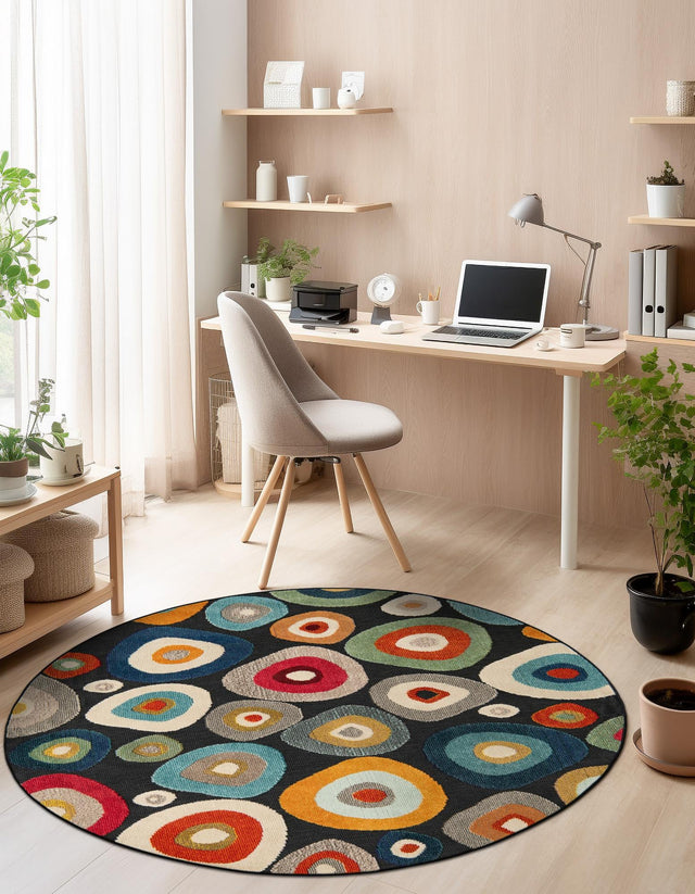 Multicolor Black 3' 1 x 3' 1 Outdoor Casablanca Round Area Rug Weather Resistant for Patio, Deck, Terrace, Balcony, Porch Polypropylene Vivid Colorful Modern Carpet for Sale at Rug Engine