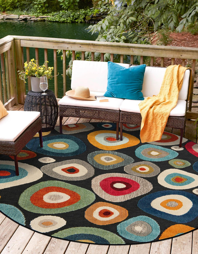 Multicolor Black 3' 1 x 3' 1 Outdoor Casablanca Round Area Rug Weather Resistant for Patio, Deck, Terrace, Balcony, Porch Polypropylene Vivid Colorful Modern Carpet for Sale at Rug Engine