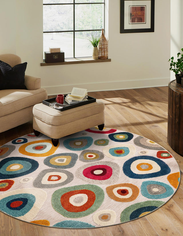 Multicolor Beige 3' 1 x 3' 1 Outdoor Casablanca Round Area Rug Weather Resistant for Patio, Deck, Terrace, Balcony, Porch Polypropylene Vivid Colorful Modern Carpet for Sale at Rug Engine