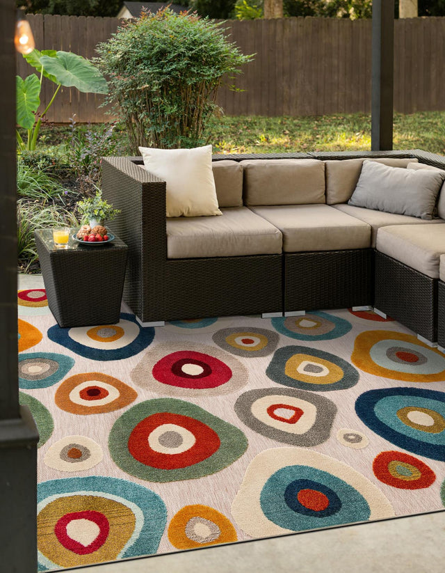 Multicolor Beige 7' 10 x 7' 10 Outdoor Casablanca Square Area Rug Weather Resistant for Patio, Deck, Terrace, Balcony, Porch Polypropylene Vivid Colorful Modern Carpet for Sale at Rug Engine