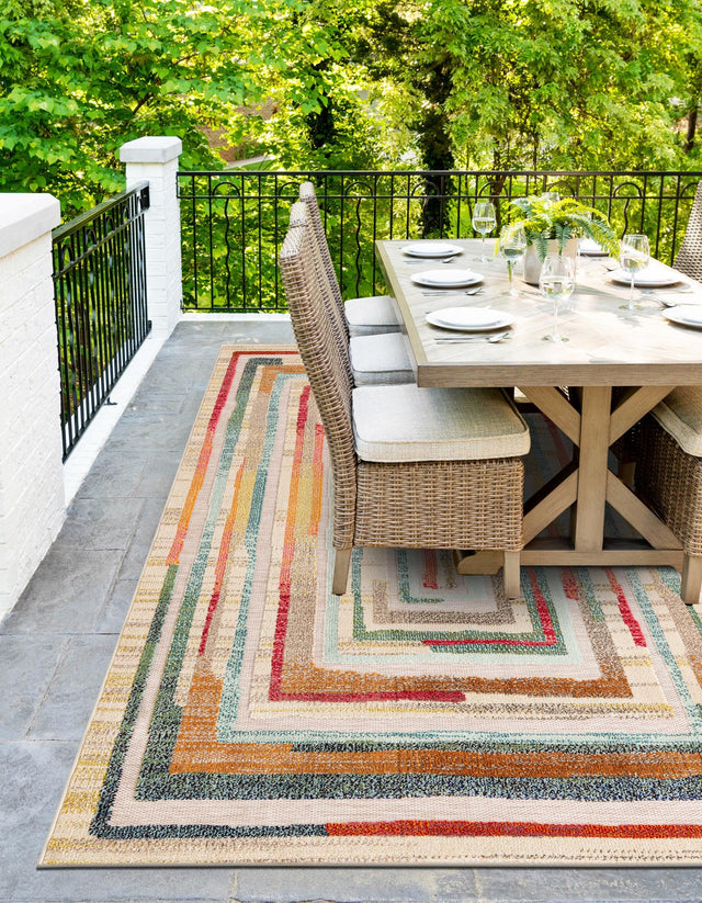 Multicolor Beige 9' x 12' Outdoor Casablanca Rectangle Area Rug Weather Resistant for Patio, Deck, Terrace, Balcony, Porch Polypropylene Vivid Colorful Modern Carpet for Sale at Rug Engine