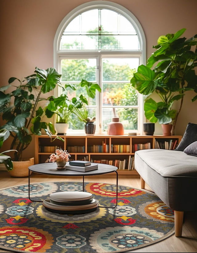 Gray 3' 1 x 3' 1 Outdoor Casablanca Round Area Rug Weather Resistant for Patio, Deck, Terrace, Balcony, Porch Polypropylene Vivid Colorful Modern Carpet for Sale at Rug Engine