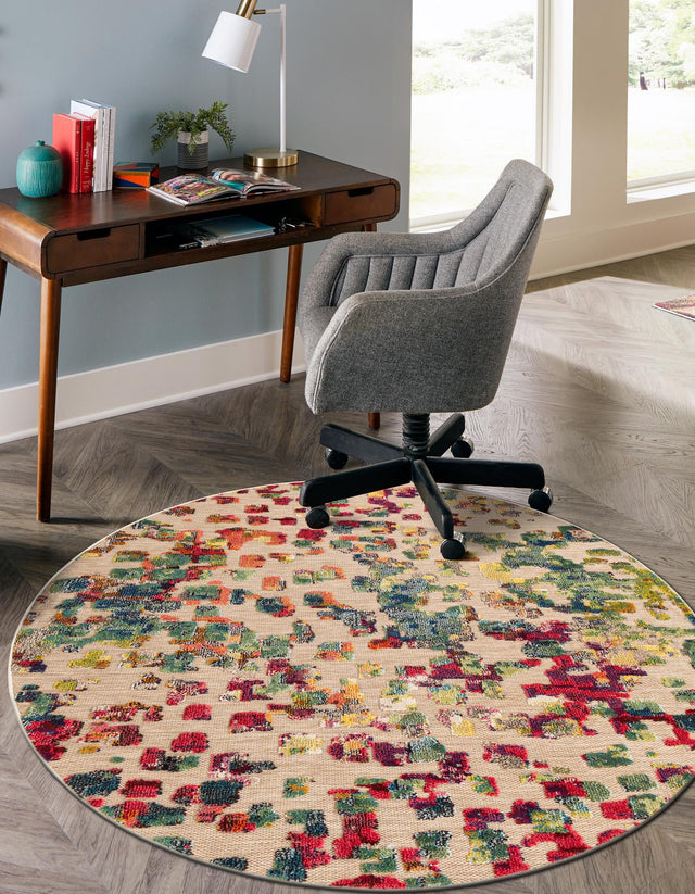 Multicolor 3' 1 x 3' 1 Outdoor Casablanca Round Area Rug Weather Resistant for Patio, Deck, Terrace, Balcony, Porch Polypropylene Vivid Colorful Modern Carpet for Sale at Rug Engine