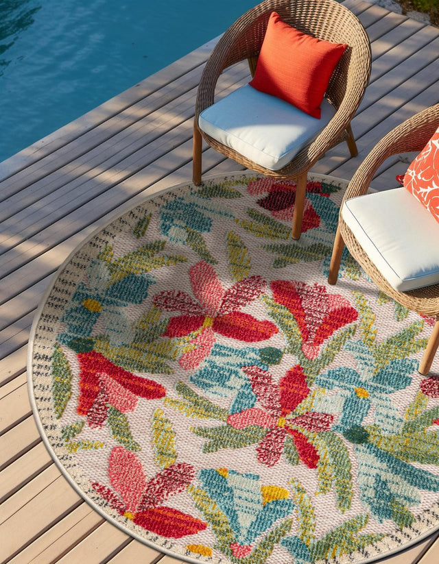 Multicolor 7' 10 x 7' 10 Outdoor Casablanca Round Area Rug Weather Resistant for Patio, Deck, Terrace, Balcony, Porch