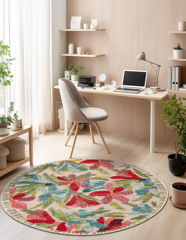 Multicolor 7' 10 x 7' 10 Outdoor Casablanca Round Area Rug Weather Resistant for Patio, Deck, Terrace, Balcony, Porch