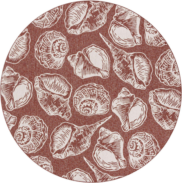 Rust Red and Ivory 10' x 10' Outdoor Coastal Round Area Rug Weather Resistant for Patio, Deck, Terrace, Balcony, Porch 100% Polypropylene Coastal Decor Carpet for Sale at Rug Engine