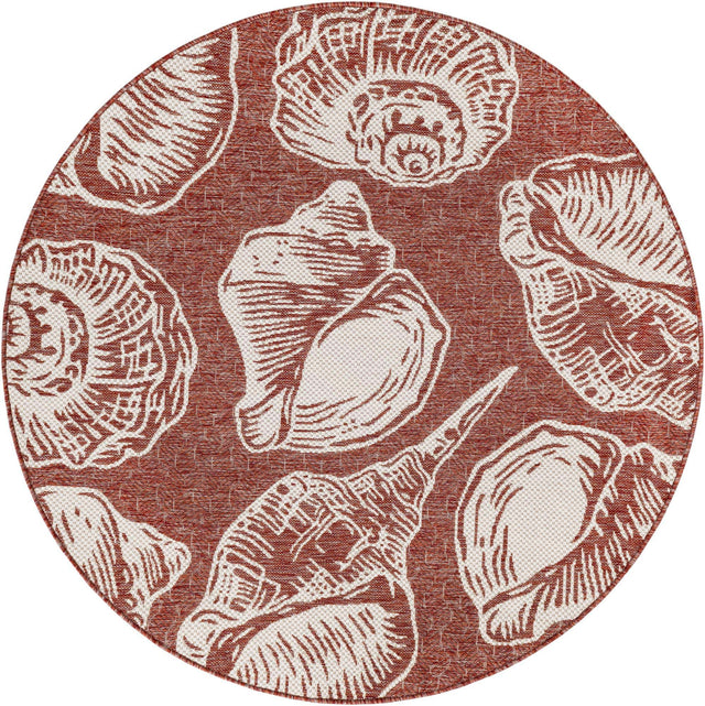 Rust Red and Ivory 5' 3 x 5' 3 Outdoor Coastal Round Area Rug Weather Resistant for Patio, Deck, Terrace, Balcony, Porch 100% Polypropylene Coastal Decor Carpet for Sale at Rug Engine