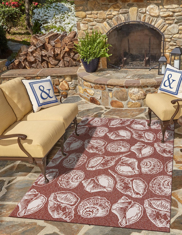 Rust Red and Ivory 5' 3 x 8' Outdoor Coastal Rectangle Area Rug Weather Resistant for Patio, Deck, Terrace, Balcony, Porch 100% Polypropylene Coastal Decor Carpet for Sale at Rug Engine