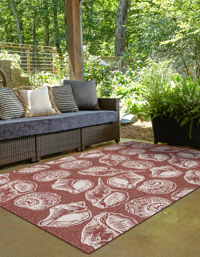 Rust Red and Ivory 5' 3 x 8' Outdoor Coastal Rectangle Area Rug Weather Resistant for Patio, Deck, Terrace, Balcony, Porch 100% Polypropylene Coastal Decor Carpet for Sale at Rug Engine