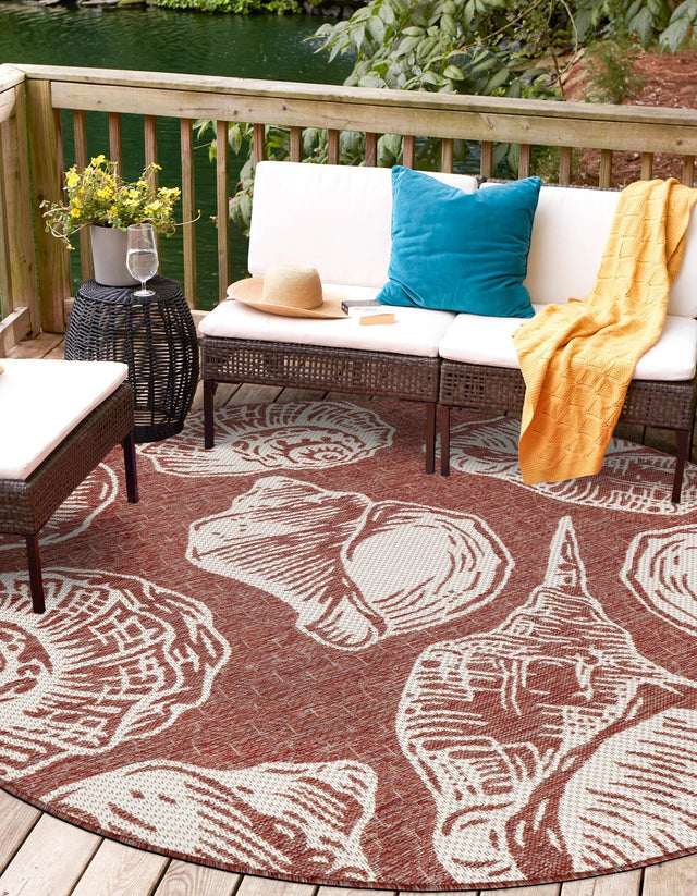 Rust Red and Ivory 5' 3 x 5' 3 Outdoor Coastal Round Area Rug Weather Resistant for Patio, Deck, Terrace, Balcony, Porch 100% Polypropylene Coastal Decor Carpet for Sale at Rug Engine