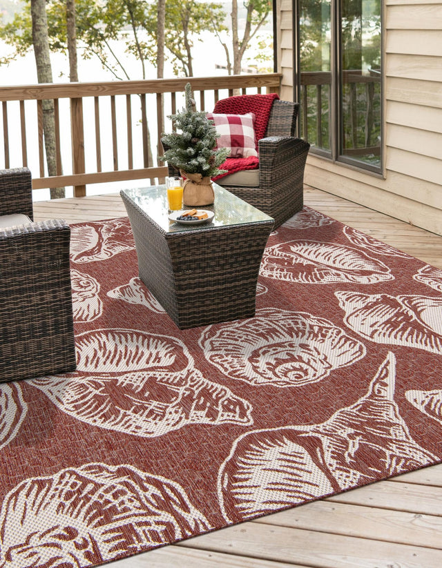 Rust Red and Ivory 7' 10 x 7' 10 Outdoor Coastal Square Area Rug Weather Resistant for Patio, Deck, Terrace, Balcony, Porch 100% Polypropylene Coastal Decor Carpet for Sale at Rug Engine