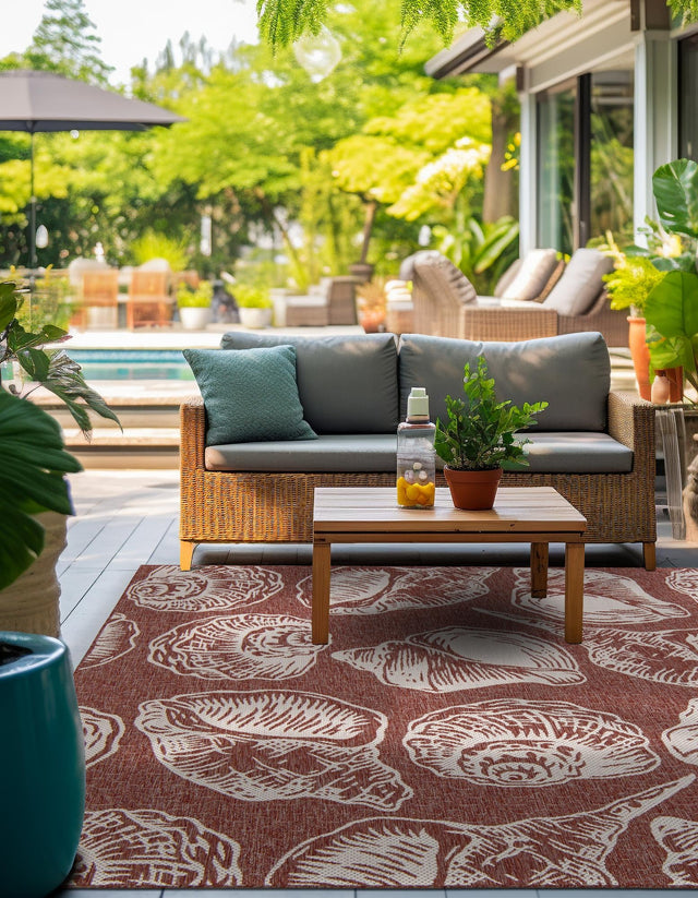 Rust Red and Ivory 7' 10 x 7' 10 Outdoor Coastal Square Area Rug Weather Resistant for Patio, Deck, Terrace, Balcony, Porch 100% Polypropylene Coastal Decor Carpet for Sale at Rug Engine