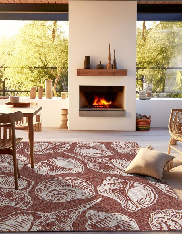 Rust Red and Ivory 12' x 12' Outdoor Coastal Square Area Rug Weather Resistant for Patio, Deck, Terrace, Balcony, Porch 100% Polypropylene Coastal Decor Carpet for Sale at Rug Engine