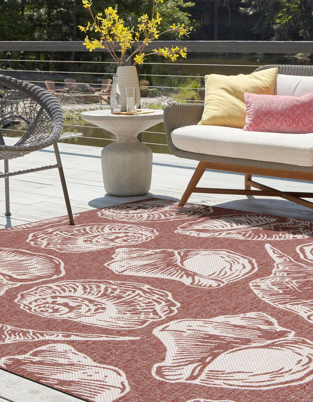 Rust Red and Ivory 10' x 10' Outdoor Coastal Square Area Rug Weather Resistant for Patio, Deck, Terrace, Balcony, Porch 100% Polypropylene Coastal Decor Carpet for Sale at Rug Engine