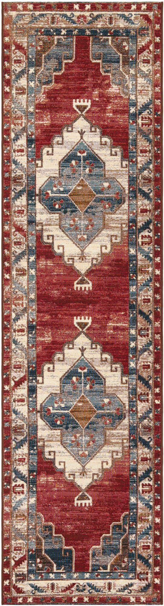 Red and Navy Blue 2' 7 x 10' Outdoor Traditional Runner Area Rug Weather Resistant for Patio, Deck, Terrace, Balcony, Porch Classical Design Outside Carpet for Sale at Rug Engine