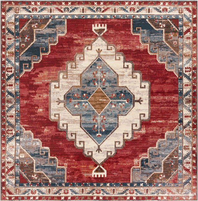 Red and Navy Blue 10' x 10' Outdoor Traditional Square Area Rug Weather Resistant for Patio, Deck, Terrace, Balcony, Porch Classical Design Outside Carpet for Sale at Rug Engine
